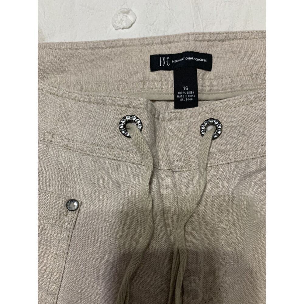 INC Women's Linen Pants Size 16 Brown Roll Tab Drawstring Zip Coastal Resort - Picture 8 of 9